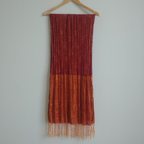 Red orange and gold silky semi sheer scarf with fringe - Picture 1 of 11